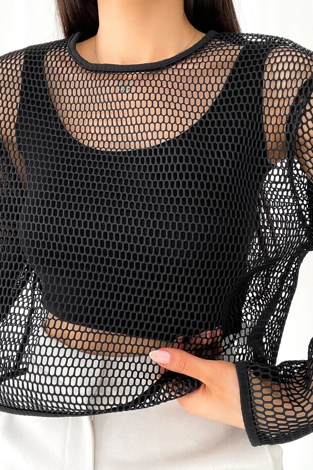 Women's Black Mesh Relaxed Cut Crew Neck Blouse