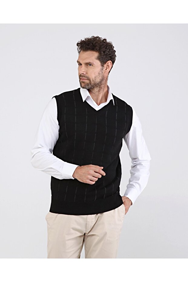 Men's V-Neck Black Knitwear Sweater Patterned Colorful Winter Steel Knit Classic Fit