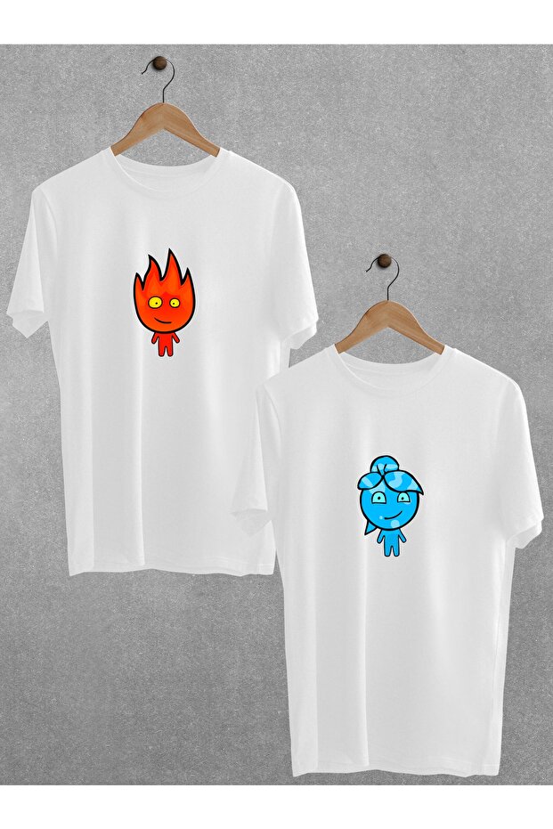 - Fire And Water Printed Couple T-Shirt Black Oversize Lover T-shirt