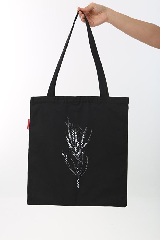Black Cloth Bag with Blooming Bush Branch Printed