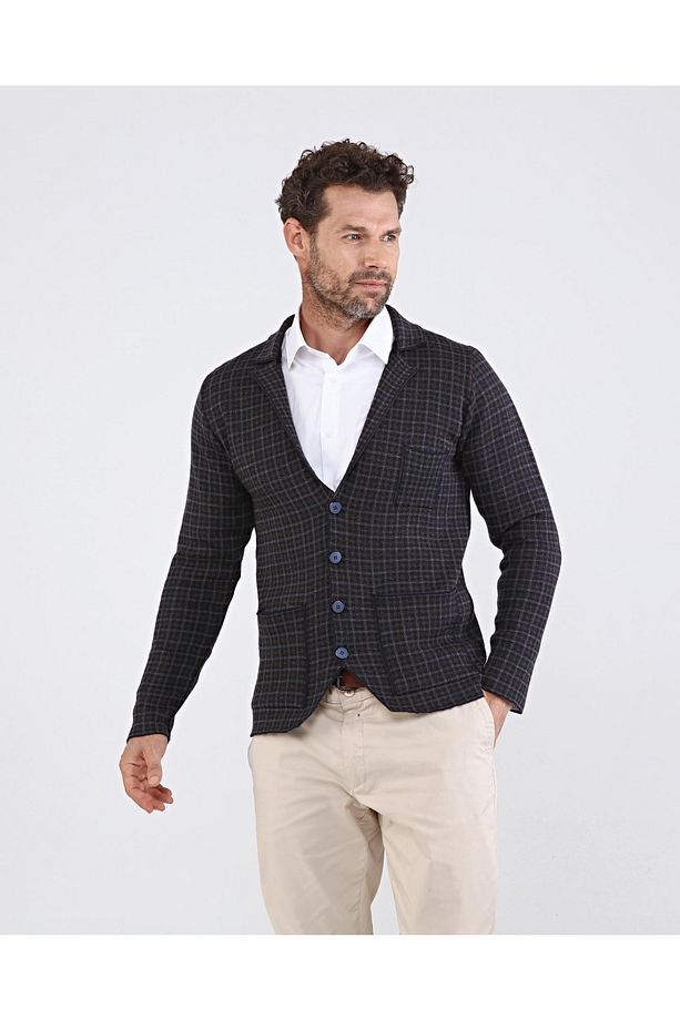 Erkek Düğmeli Cepli Triko Örme Desenli Lacivert Blazer Tek Ceket Regular Kalıp - 1