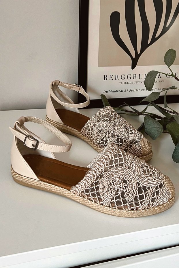 Women's Luce Espadrille Nude Skin Beige Ecru Jute Sole Straw Lace Detailed Shoes