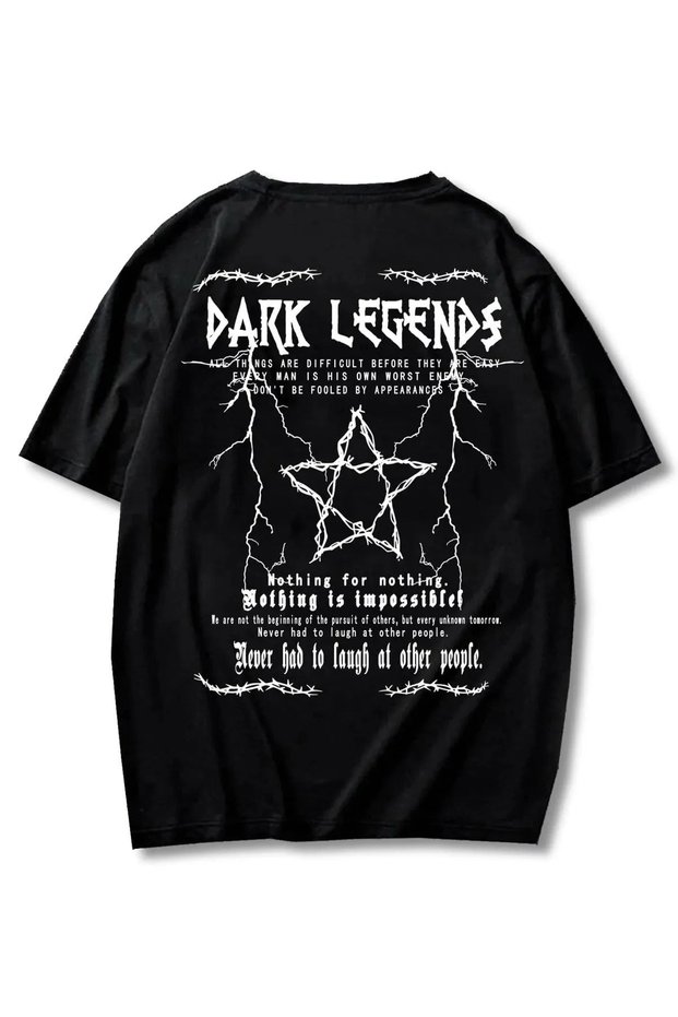 Dark Legends Design Written T-shirt - Black, Printed, Oversize, Crew Neck, Short Sleeve