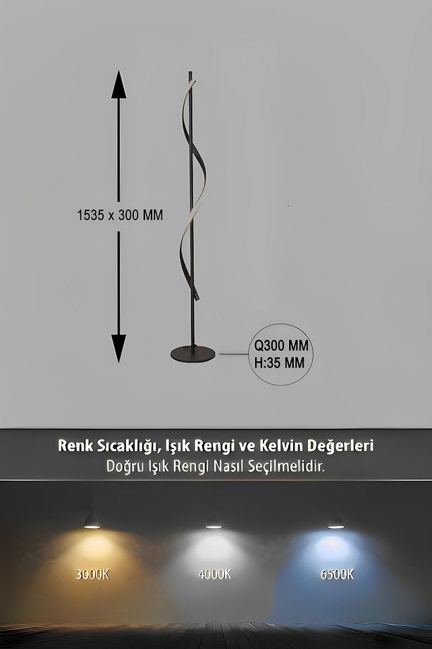 Dekoratif Dalgalı Led Lambader, Burgu Ayaklı, Siyah, 3000k Sarı Işık - 8