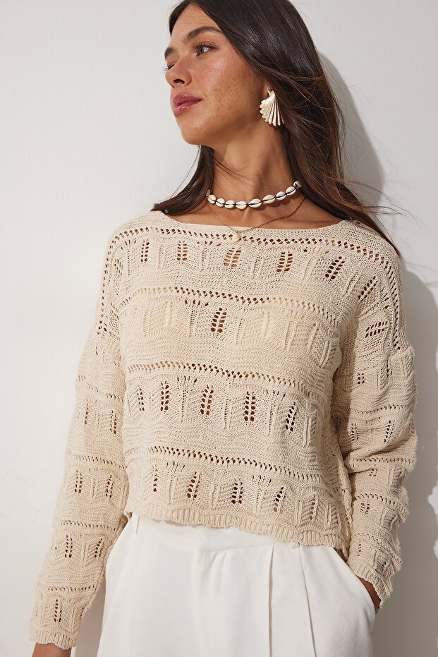 Women's Cream Boat Neck Openwork Summer Knitwear Blouse NF00057
