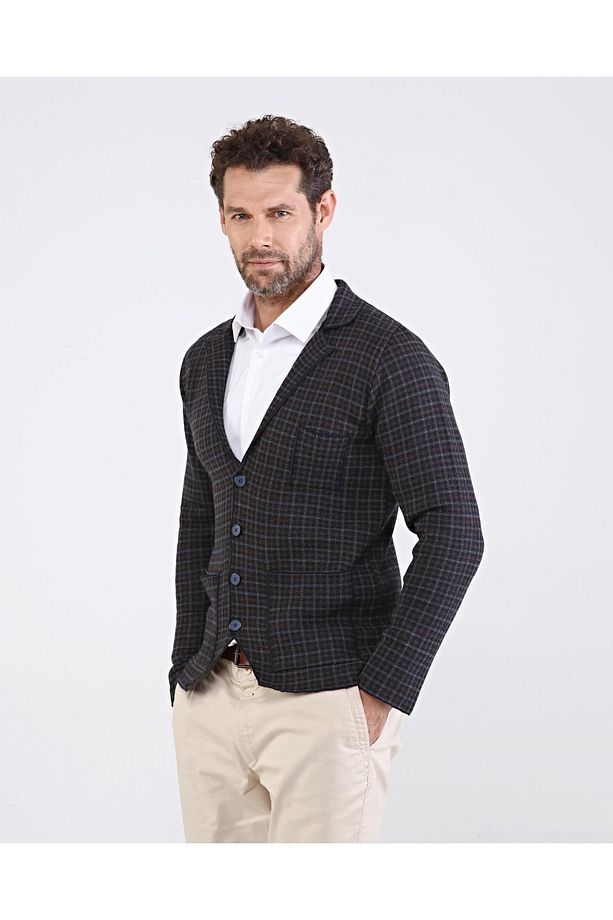 Erkek Düğmeli Cepli Triko Örme Desenli Lacivert Blazer Tek Ceket Regular Kalıp - 4