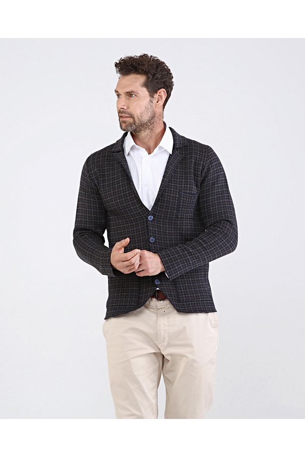 Erkek Düğmeli Cepli Triko Örme Desenli Lacivert Blazer Tek Ceket Regular Kalıp - 5