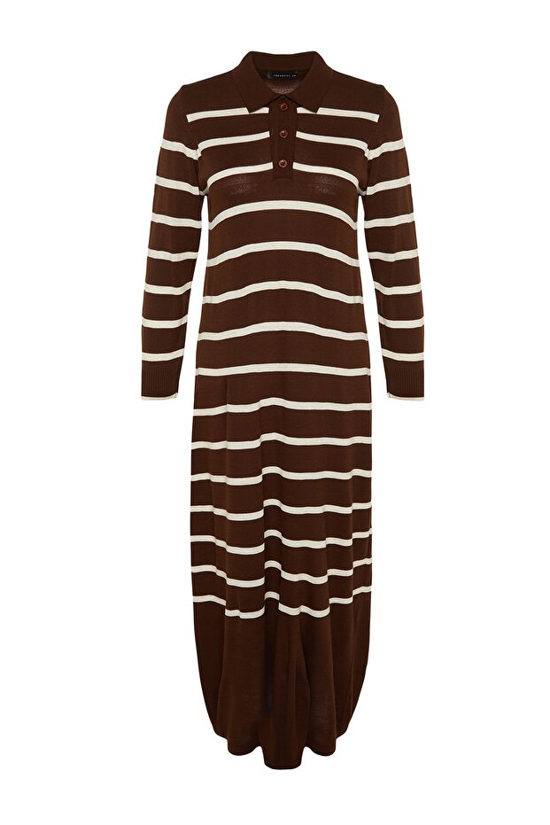 Brązowa sukienka polo z kołnierzykiem w paski i dzianiną Tctaw22Eb02122 - 6