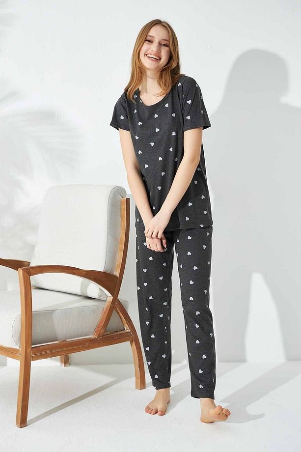Antrasit Kalp Desenli Örme Pamuklu Pijama Takımı - 2