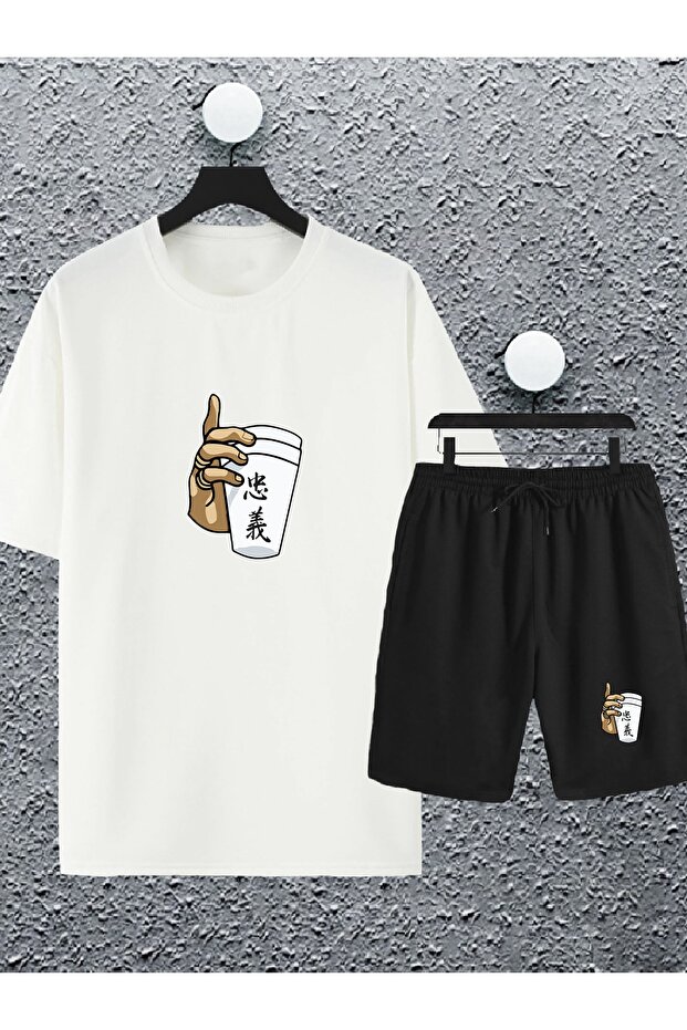 Unisex Women Men Cup Hand Japanese Letter Printed Oversize Tshirt And Shorts Tracksuit Set