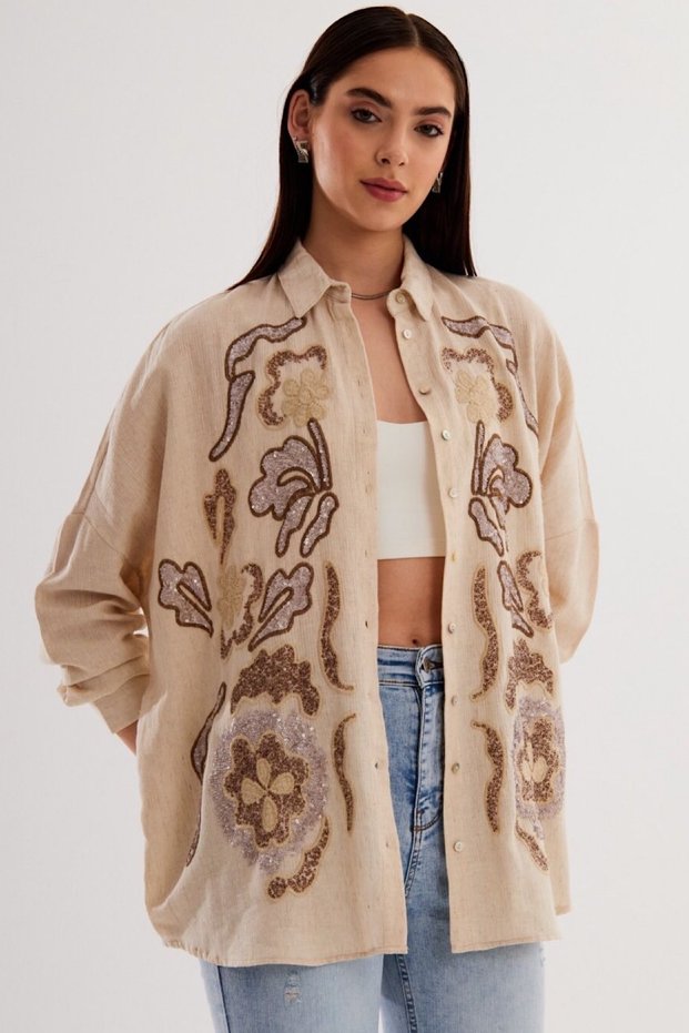 Women's New Season Sequined and Embroidered Oversize Shirt (Suitable for Size 36-46)