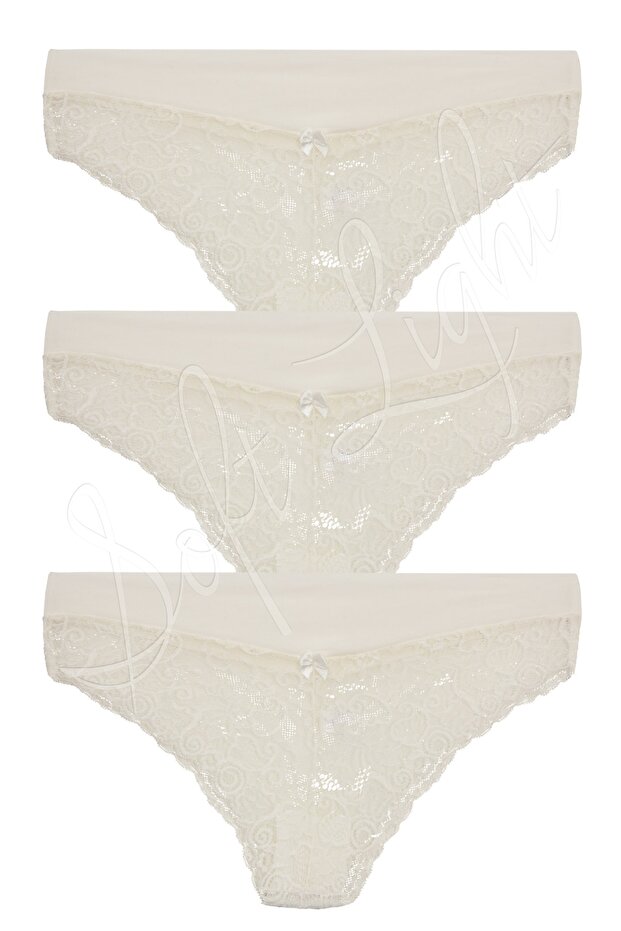 Light, Women's, Fabric Waist, White Slip 3-Piece Panties with Lace Bottom