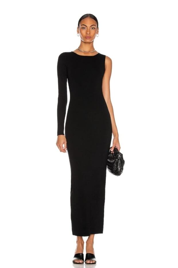 Women's Black Sleeve Detailed Right Sleeve Silk Jersey Midi Dress