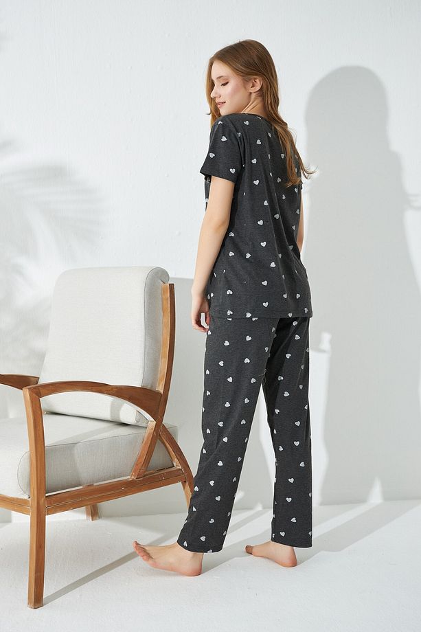 Antrasit Kalp Desenli Örme Pamuklu Pijama Takımı - 3