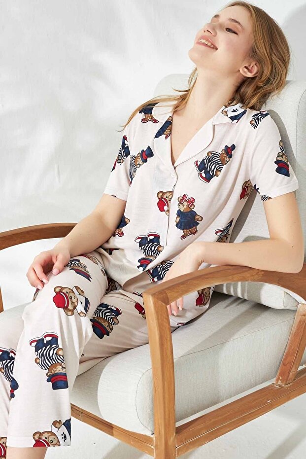 Button Knitted Pajama Set with Cream Hat and Teddy Bear Pattern - 1