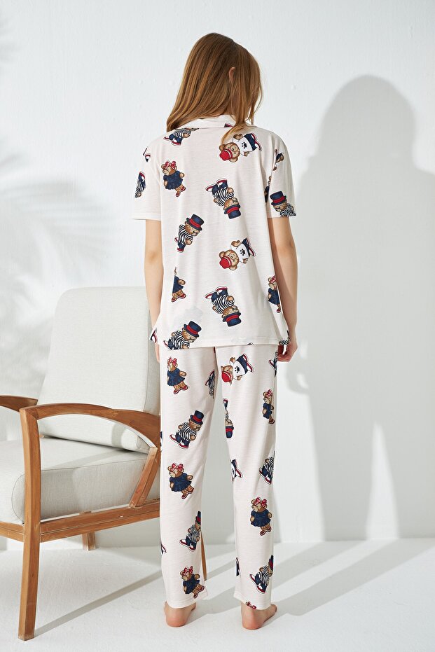 Button Knitted Pajama Set with Cream Hat and Teddy Bear Pattern - 3