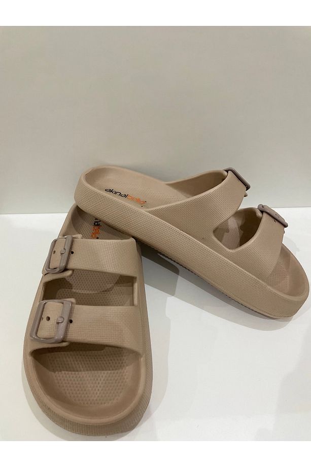 Camel Çift Toka Kadın Platform Yazlık Terlik - 1
