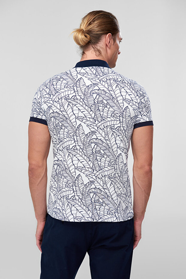Handeks Beyaz Erkek Polo Yaka T-Shirt - Yaprak Desenli - 4