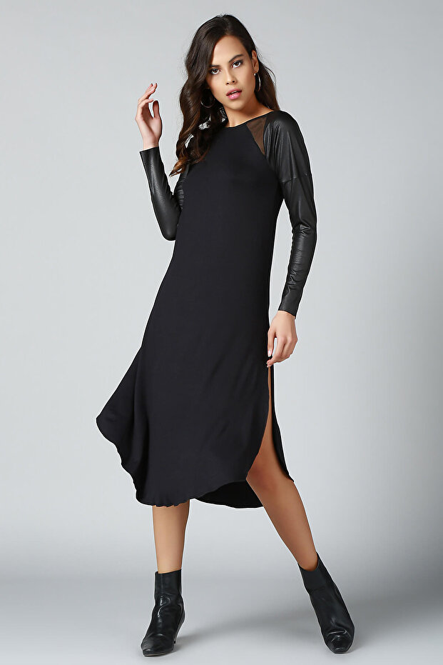 Women's Black Leather Detailed Dress EB2502