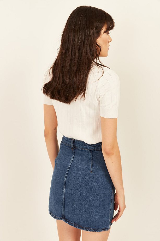 Kadın Mavi Düğmeli Cepli Denim Etek ETK-19000024 - 5