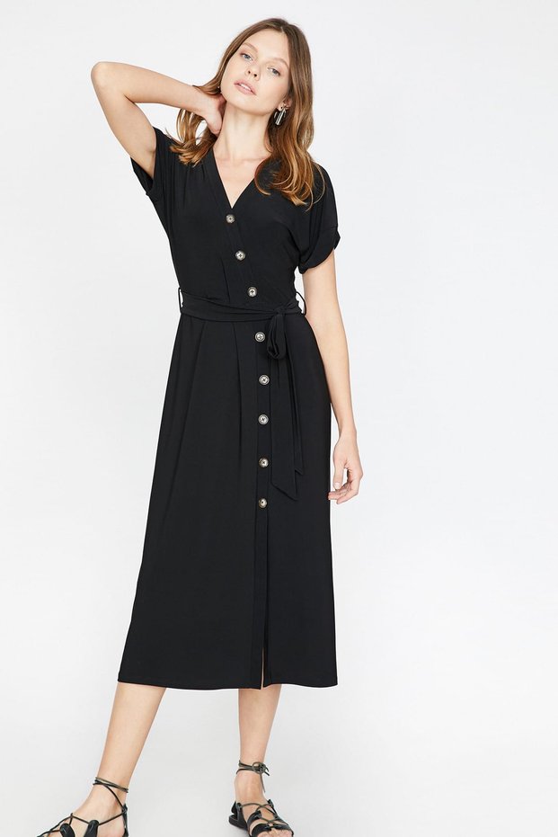 Women's Black V-Neck Short Sleeve Tie Waist Midi Dress 9YAK83747EK