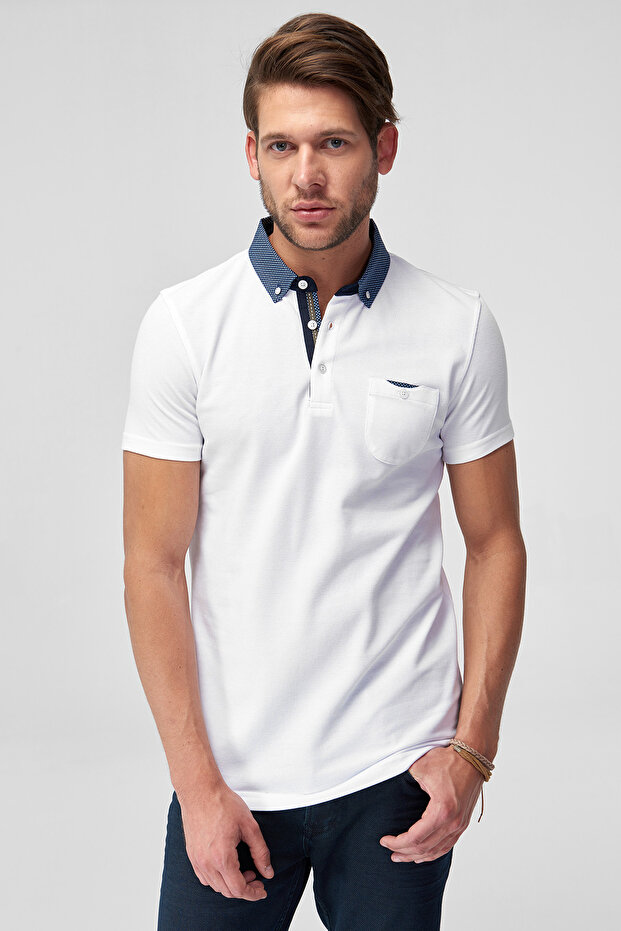 Golf Port Beyaz Erkek Pamuk T-Shirt  - Cepli Kısa Kollu Dokuma Polo Yaka - 1