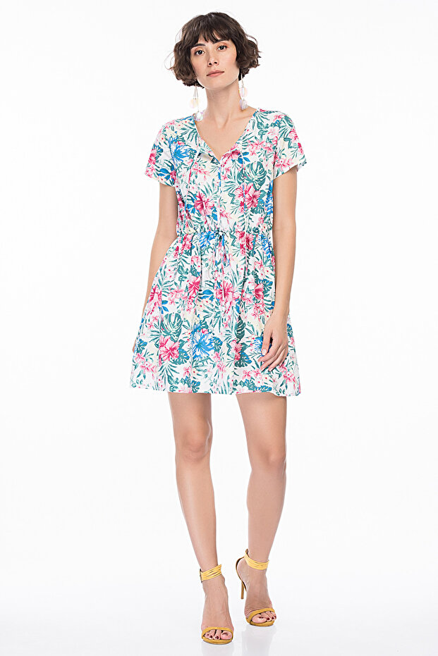 Women's White Floral Print Dress MM-1362