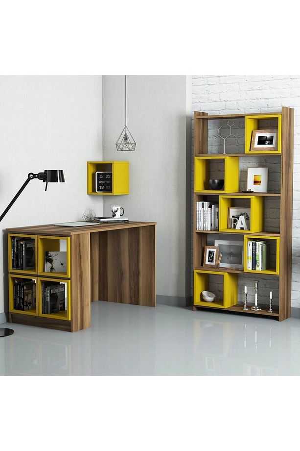 Box Çalışma Masası Ve Kitaplık Takımı - Ceviz / Sarı - 1