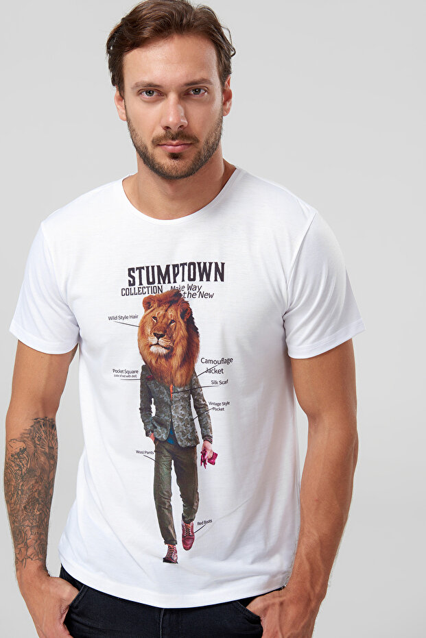 Beyaz Erkek T-Shirt -  Aslan Grafik - Baskılı - 3