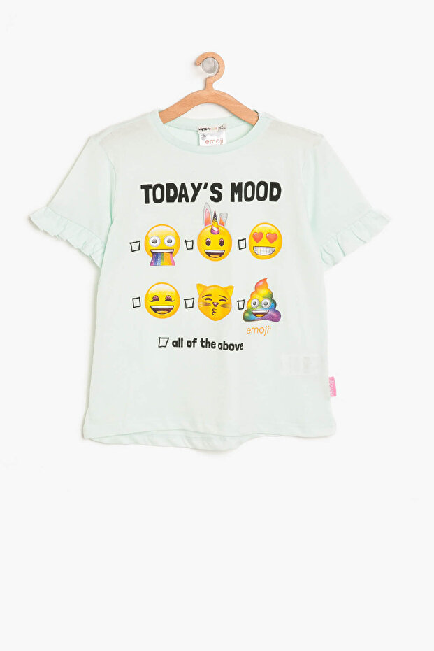 Green Girl's Emoji Text Printed T-Shirt