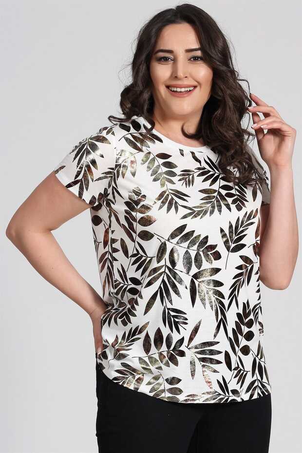 Women's Janjan Leaf Pattern T-Shirt-Ecru-Bb PRA-236787-106274