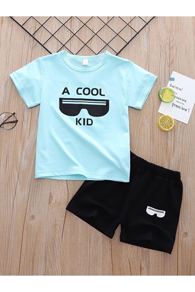 Children's Printed Baby Blue Shorts T-shirt Set