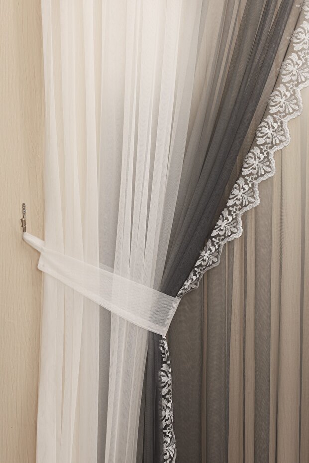 Gradient Color Gradient 1-2 Sparse Pleats Grecian Tulle Curtain 2 Pieces Background + Inner Tulle Set - 3
