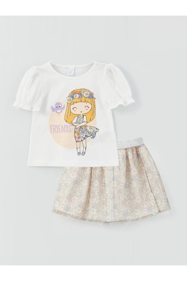 Crew Neck Printed Baby Girl T-Shirt and Skirt Set of 2