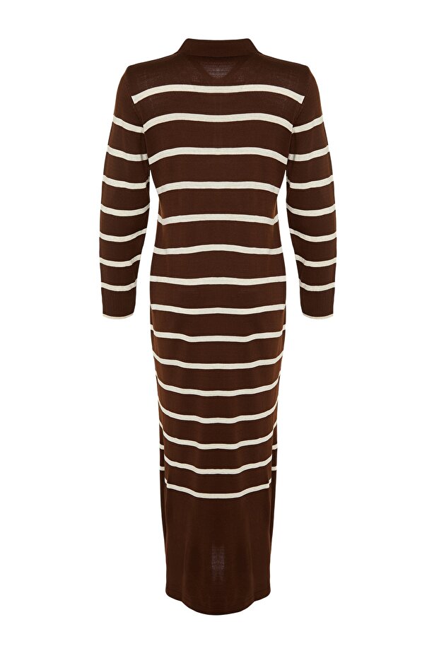 Brązowa sukienka polo z kołnierzykiem w paski i dzianiną Tctaw22Eb02122 - 8