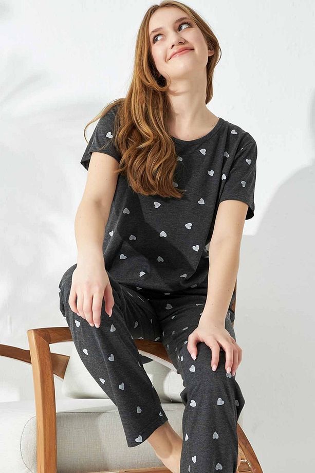 Antrasit Kalp Desenli Örme Pamuklu Pijama Takımı - 1