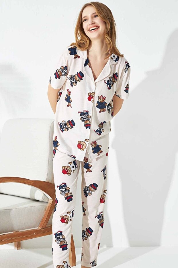 Button Knitted Pajama Set with Cream Hat and Teddy Bear Pattern - 2