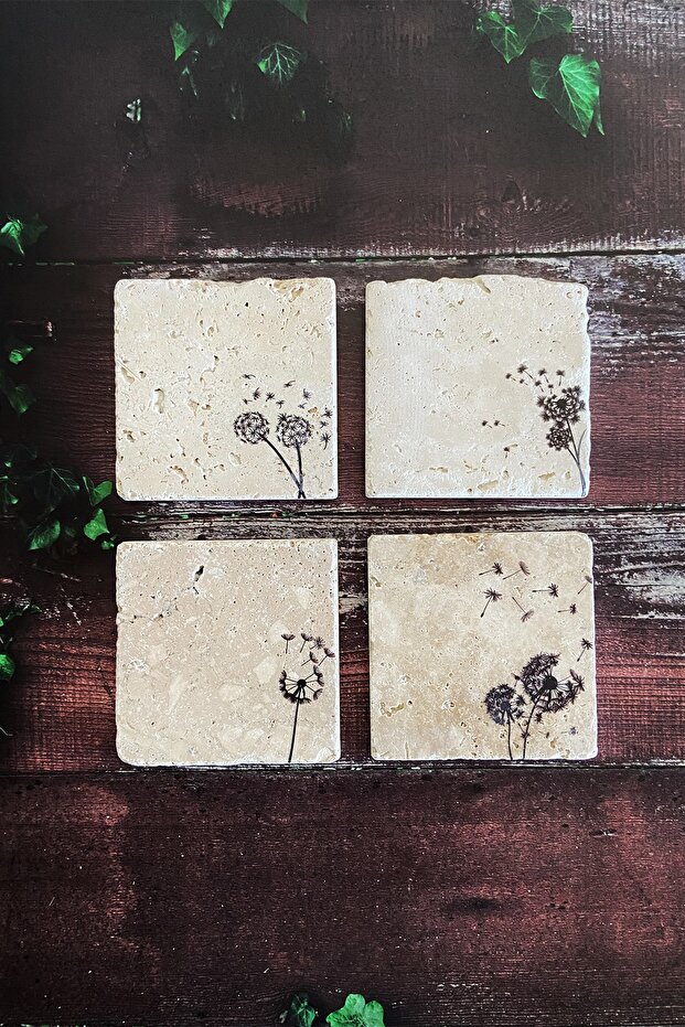 Dandelion Flower Natural Stone Travertine Coasters Set of 4
