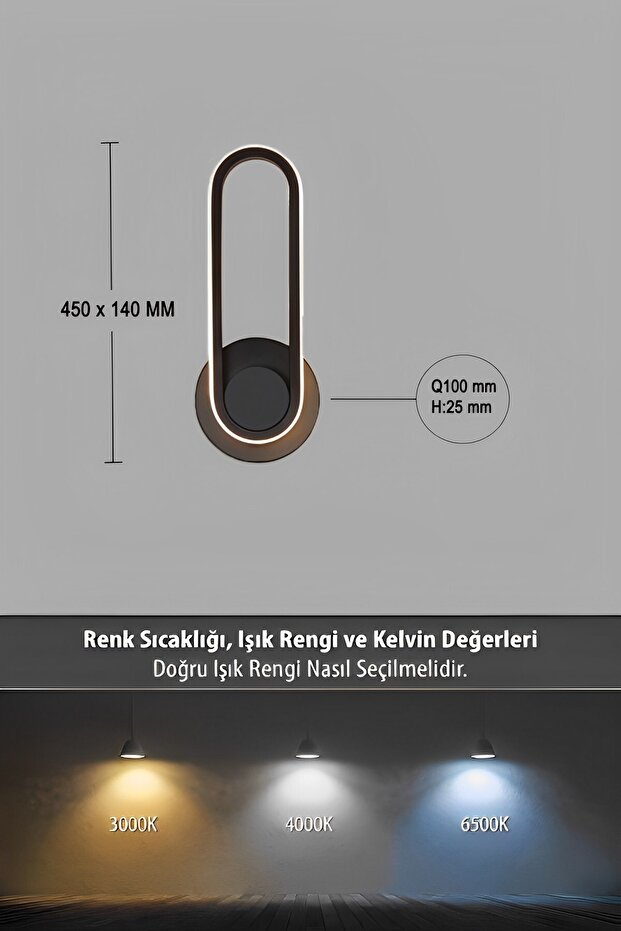 Dekoratif Oval Duvar Lambası Led Aplik, Siyah, 4000k Gün Işığı - 7