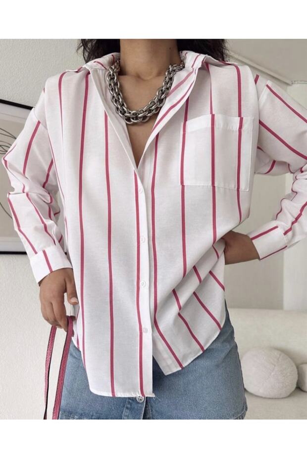 Women's Single Pocket Oval Cut Striped Casual Shirt Ma2424