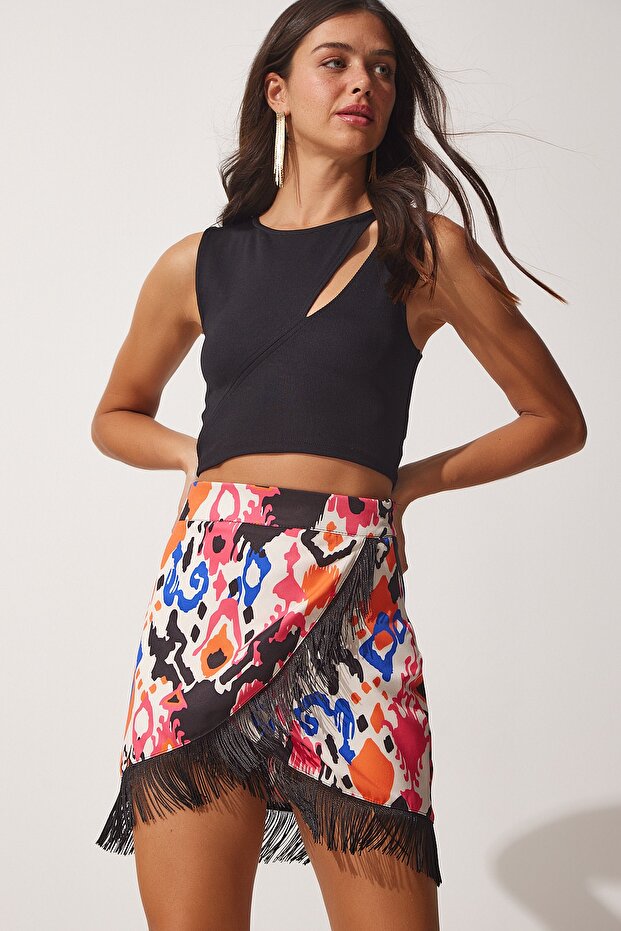 Women's White Pink Tasseled and Patterned Wrap Skirt ON00045