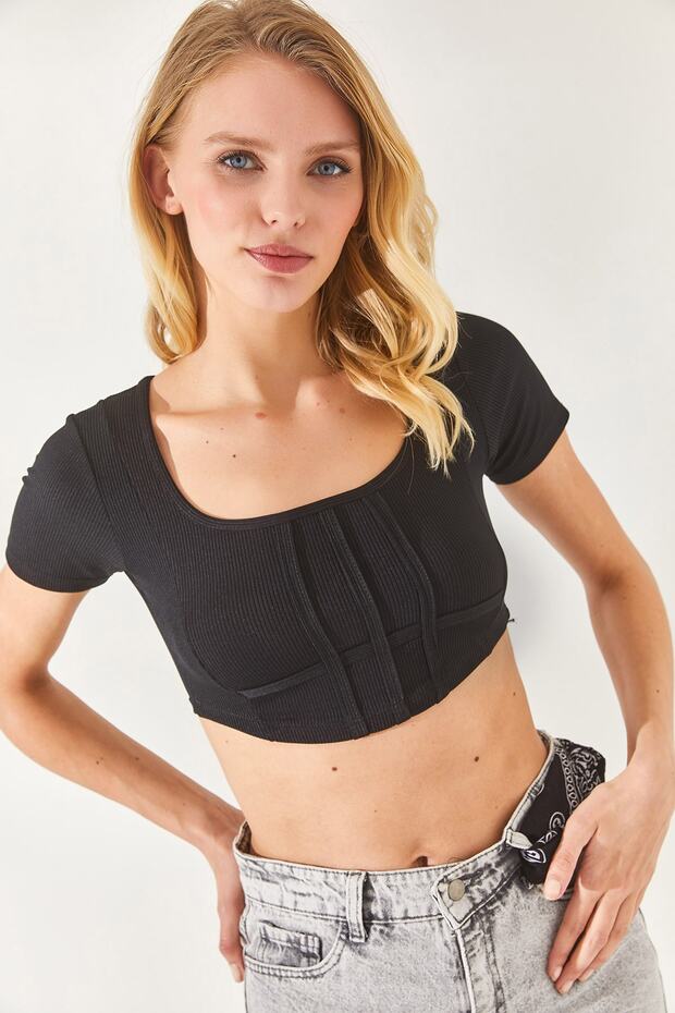 Women's Black Corset Square Collar Crop Blouse BLZ-19002286