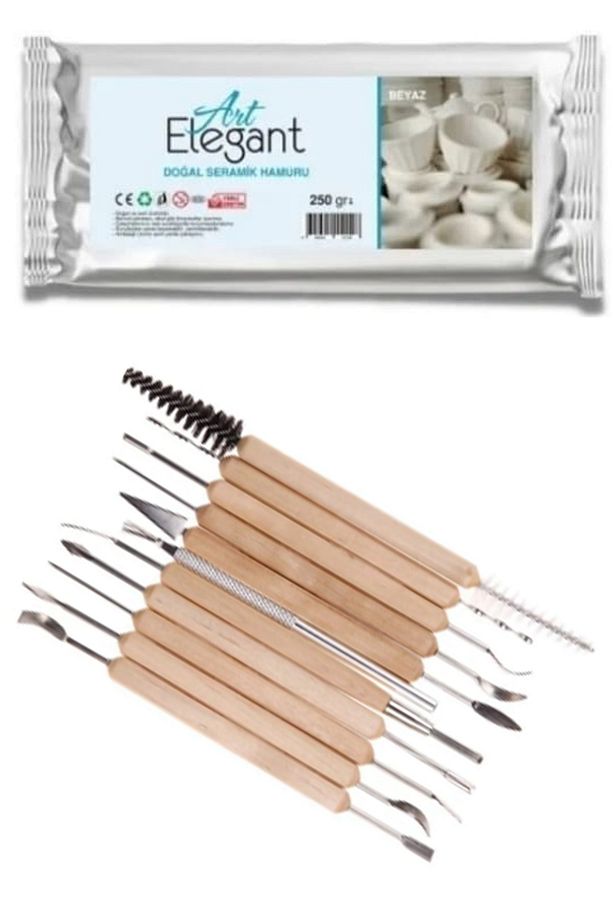 Kil Hamur Seti-250 Gr Beyaz Kil & 11'li Ahşap Ebeşuar Seti - 1