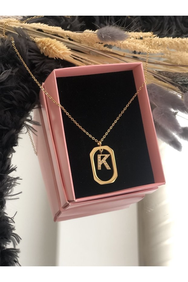 Steel Window Detailed Letter K Necklace Gold Color
