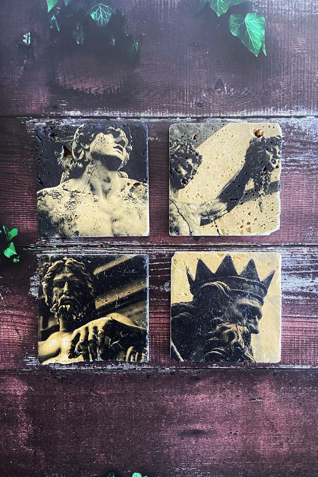 Mythology Themed Natural Stone Travertine Coasters Set of 4