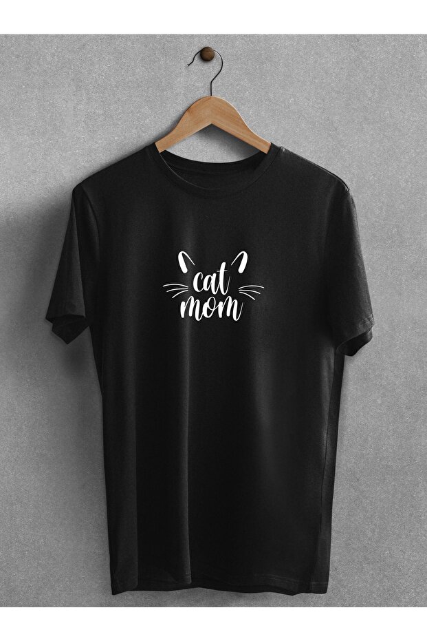 Cat Mom Printed T-Shirt Black White Oversize Crew Neck Cat Mom T-shirt