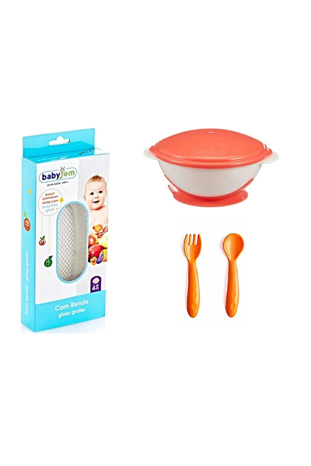 Glass Grater + Vacuum Food Plate Orange + Food Spoon and Fork Set Yellow