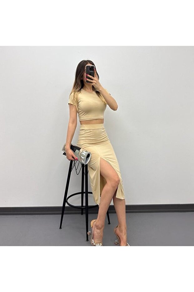 Women's Sandy Lycra Flexible Fabric Short Sleeve Crop Blouse with Slit Skirt Double Suit Stone