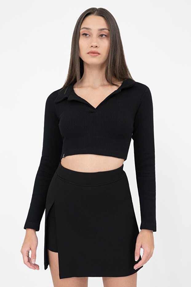 Women's Black Polo Neck Ribbed Knitted Crop Blouse