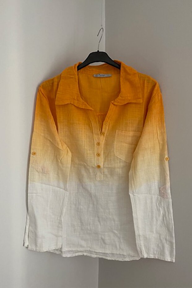 Women's Orange White Gradient Foldable Sleeve Button and Pocket Detailed Shirt Blouse